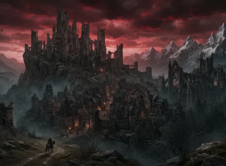 Dark fantasy world filled with haunting landscapes and ancient ruins.