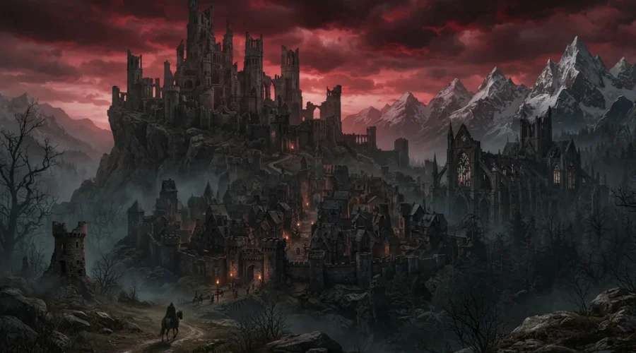 Dark fantasy world filled with haunting landscapes and ancient ruins.