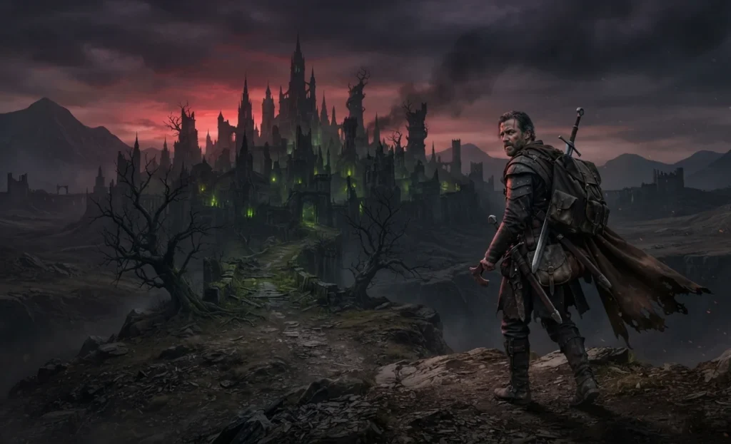 Traveler departing a haunting dark fantasy world.