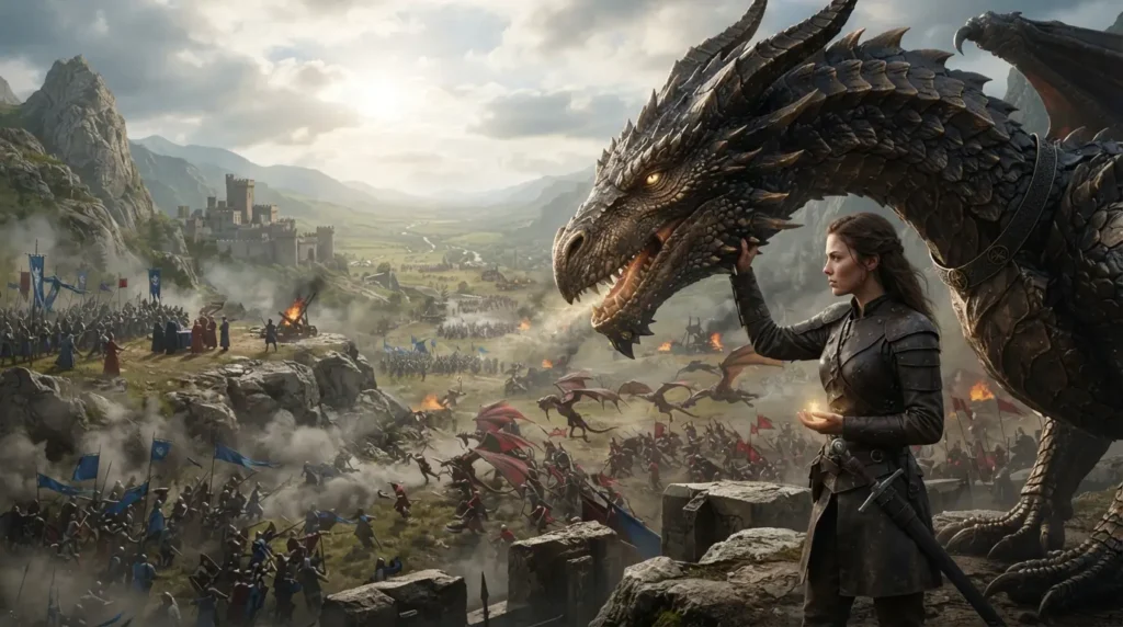 Dragon actively affecting a fantasy story's plot and characters.