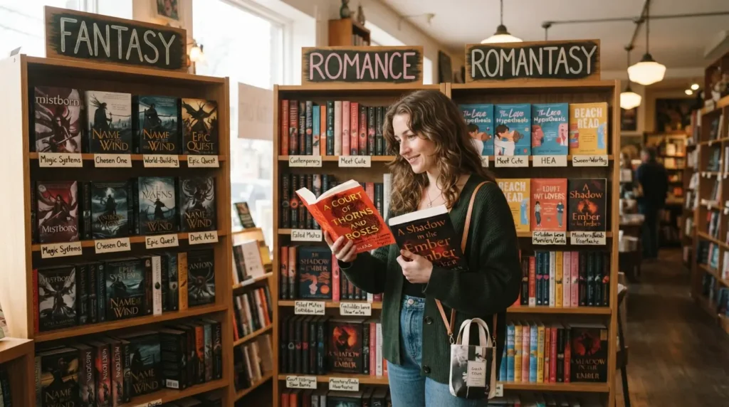 Romantasy positioned between fantasy and romance.
