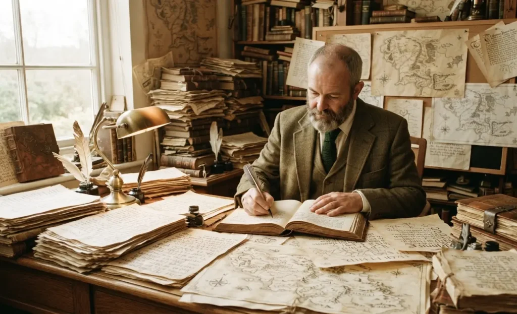 Tolkien developing fictional languages and mythology.