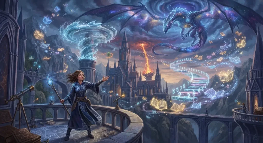 Young mage learning powerful magic at a fantasy academy.