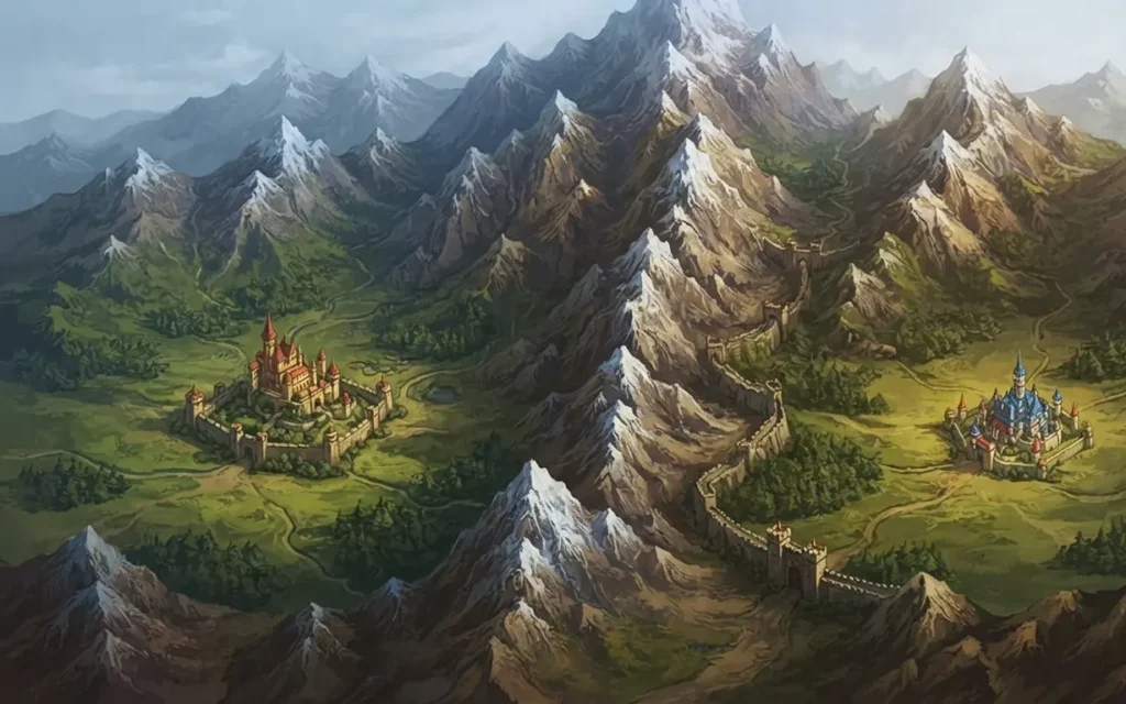 Mountains creating natural borders between kingdoms.
