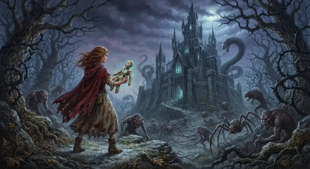Young heroine preparing to confront a cruel ruler.