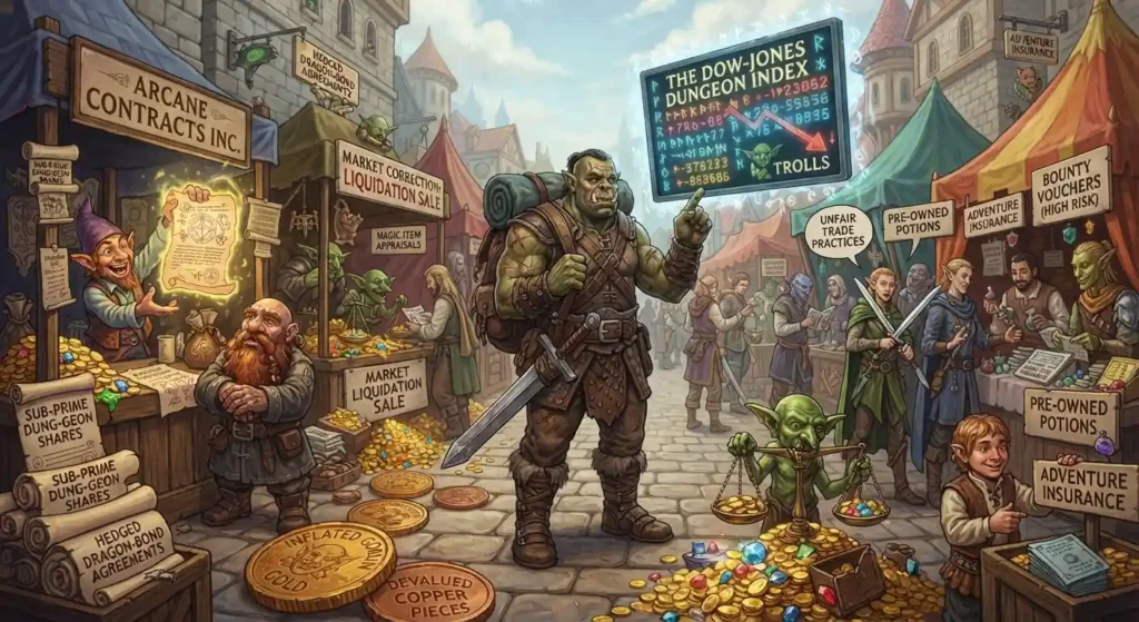 Orc adventurer navigating a satirical fantasy economy.