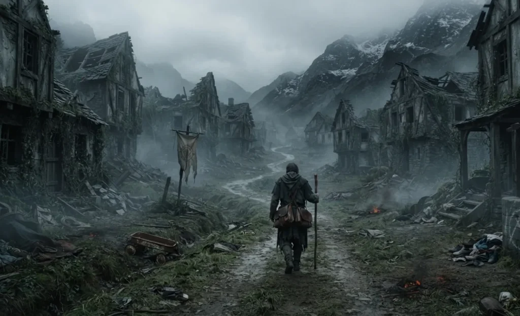 Empty village suggesting horror without explicitly showing it.