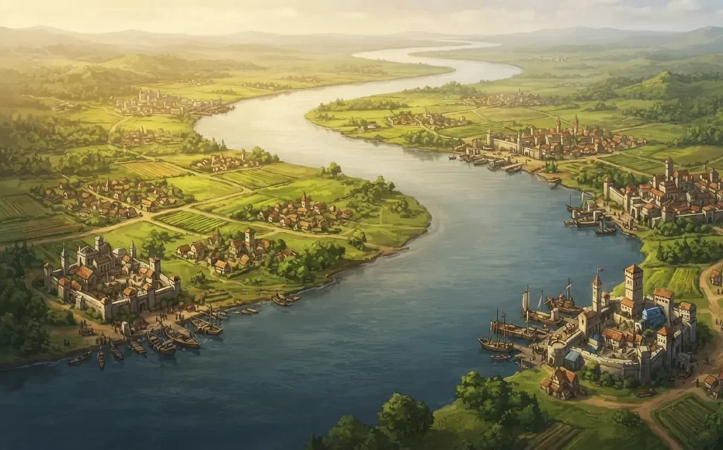 Major river supporting thriving fantasy civilizations.