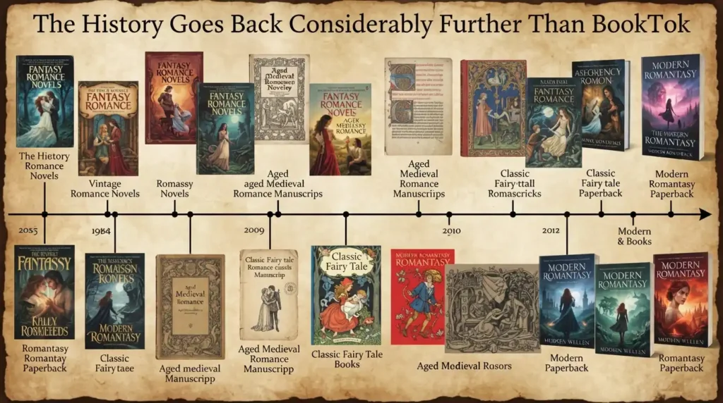Historical development of fantasy romance and romantasy.