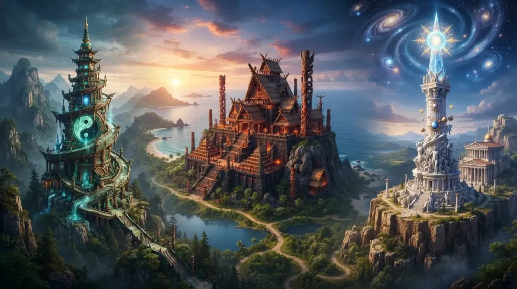 Different cultural systems built around concepts of supernatural force.