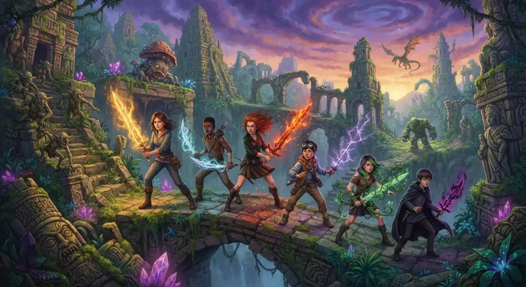 Adventurers wielding six legendary magical swords.