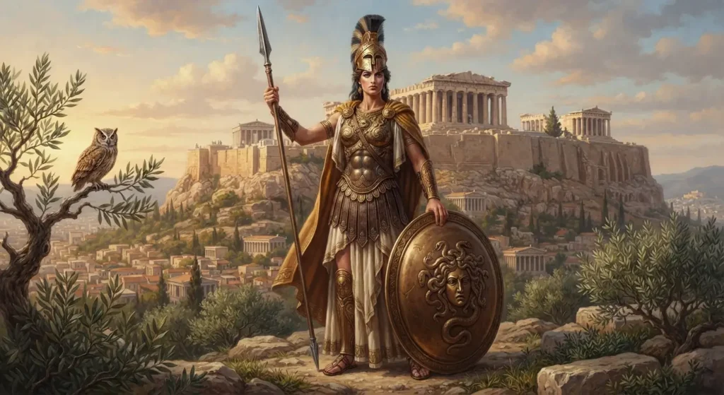 Athena with her owl, spear, and shield.