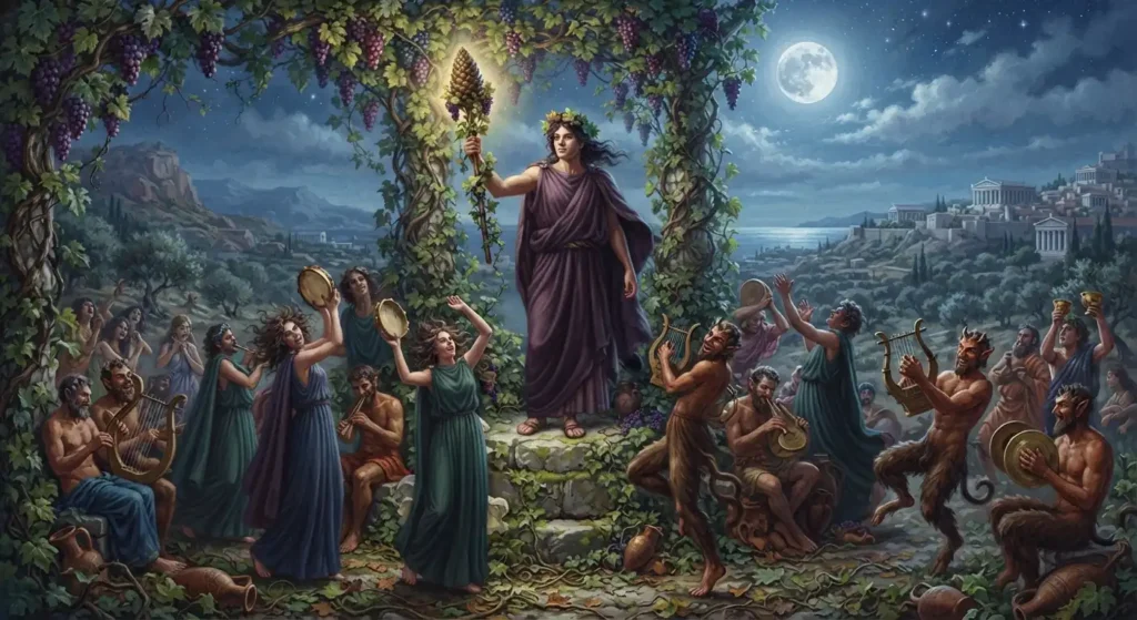 Dionysus with vines and the thyrsus.