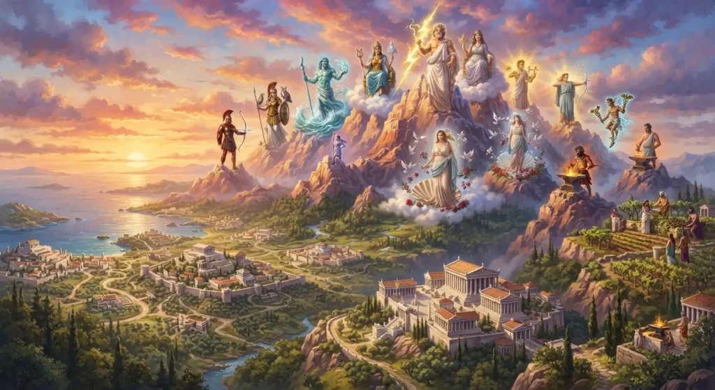 The Olympian gods overlooking ancient Greece.