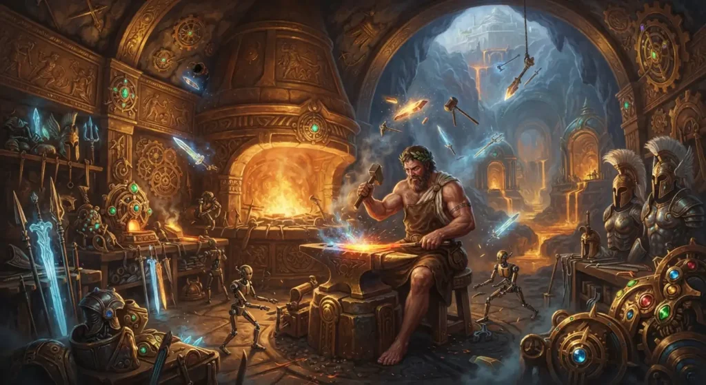 Hephaestus forging divine weapons.