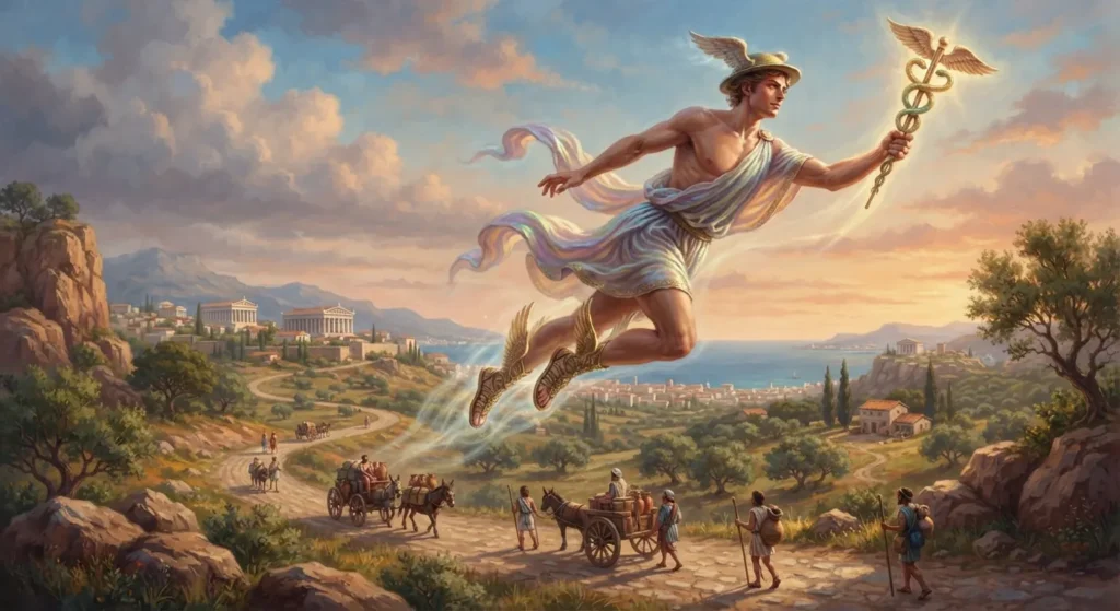 Hermes with winged sandals and caduceus.