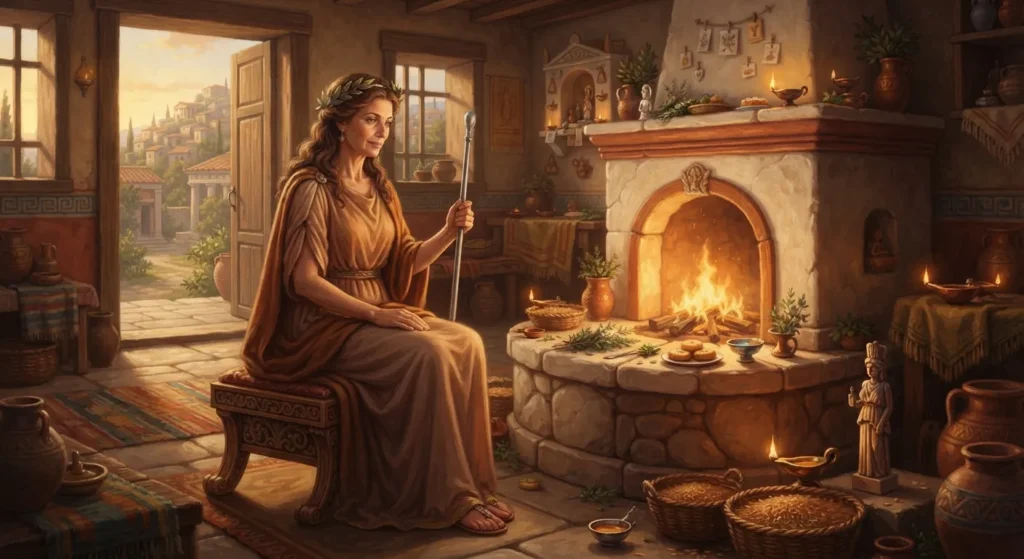 Hestia beside the sacred hearth.