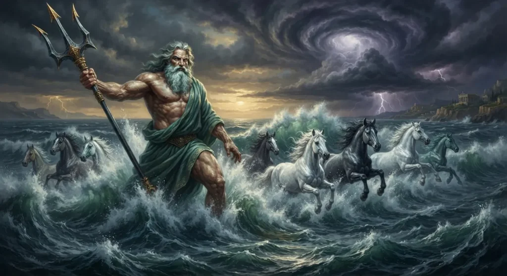 Poseidon wielding his trident over the sea.