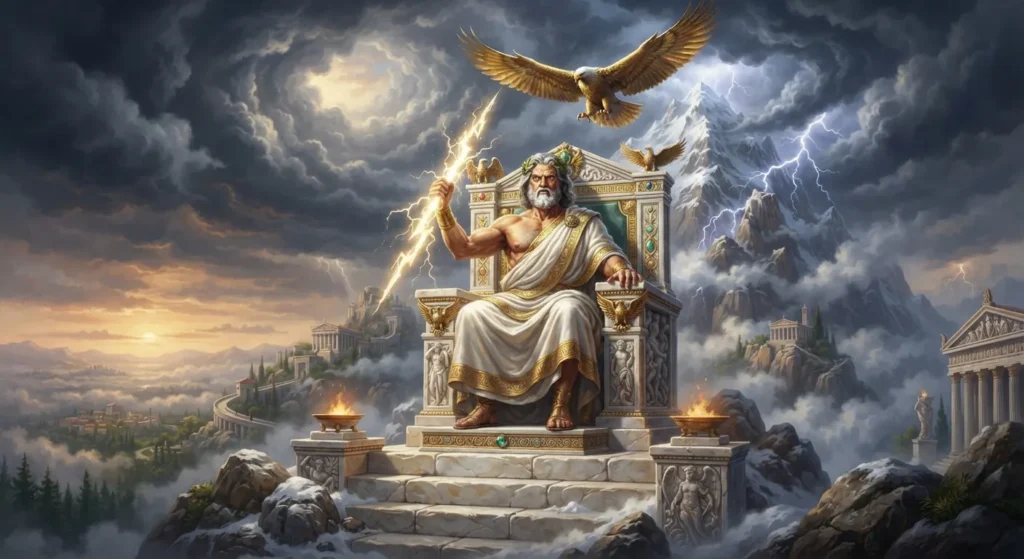 Zeus holding his thunderbolt on Mount Olympus.