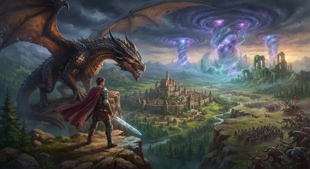 Warrior and dragon in an epic progression-oriented fantasy world.