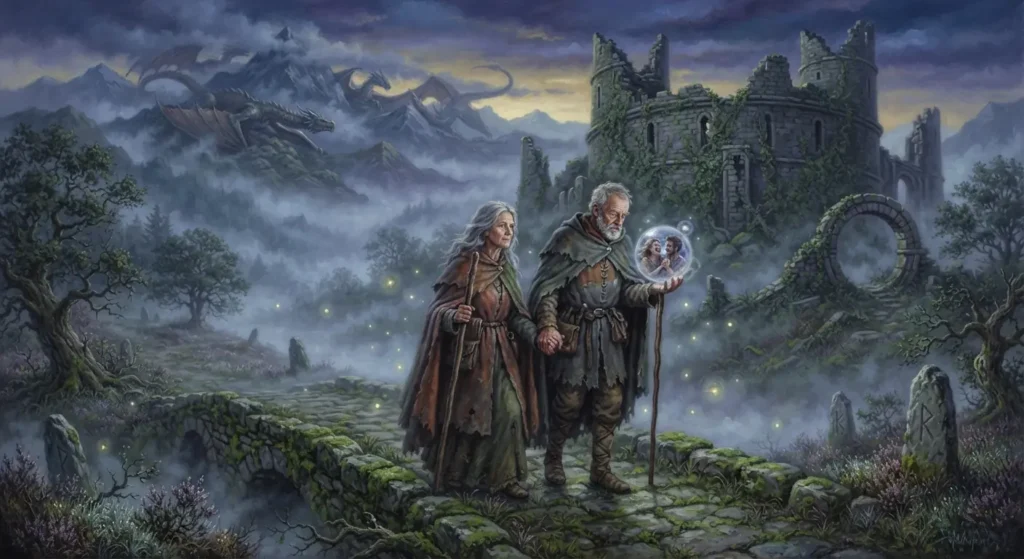 Couple traveling through a mysterious post-Arthurian Britain.