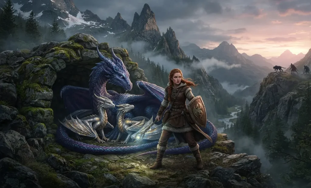 Girl caring for young dragons in the mountains.