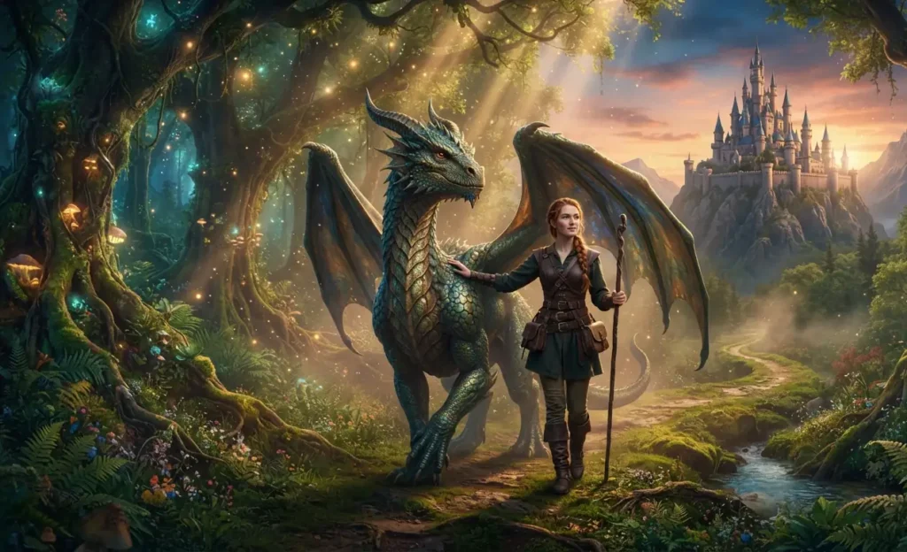 Heroine traveling with a dragon companion.