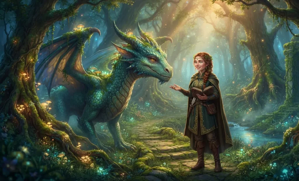 Princess and dragon sharing an unusual friendship.