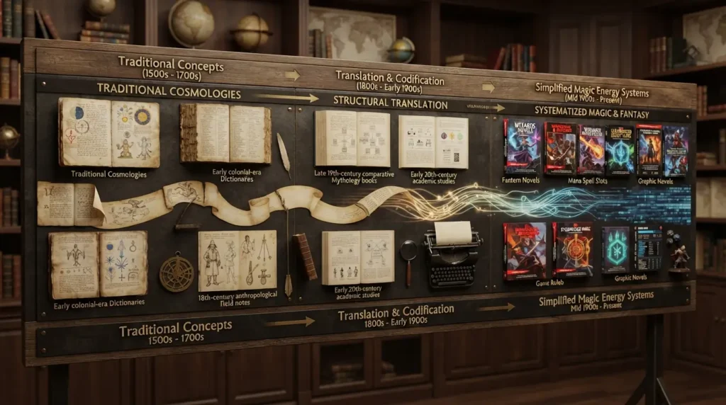 Historical simplification of traditional concepts into fantasy magic.