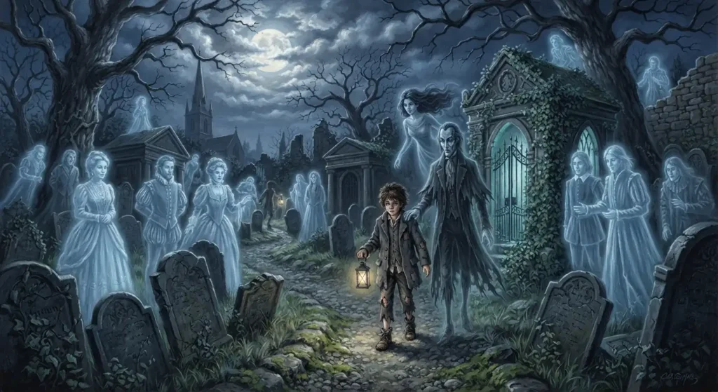 Boy growing up among ghosts in a cemetery.