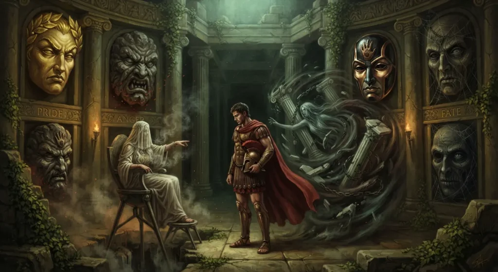 Greek hero confronting the consequences of a tragic flaw.