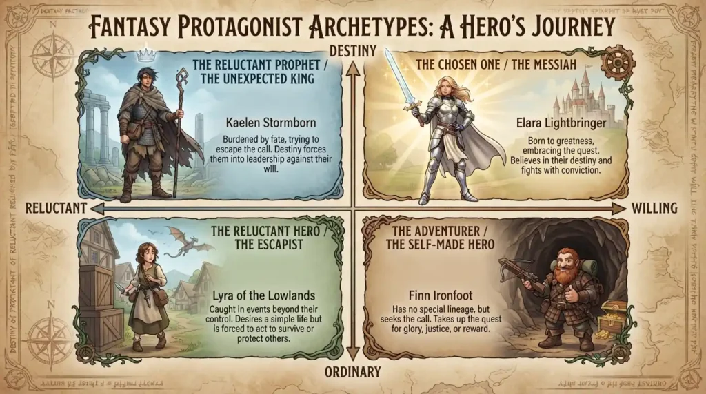 Fantasy hero archetypes compared on destiny and willingness.