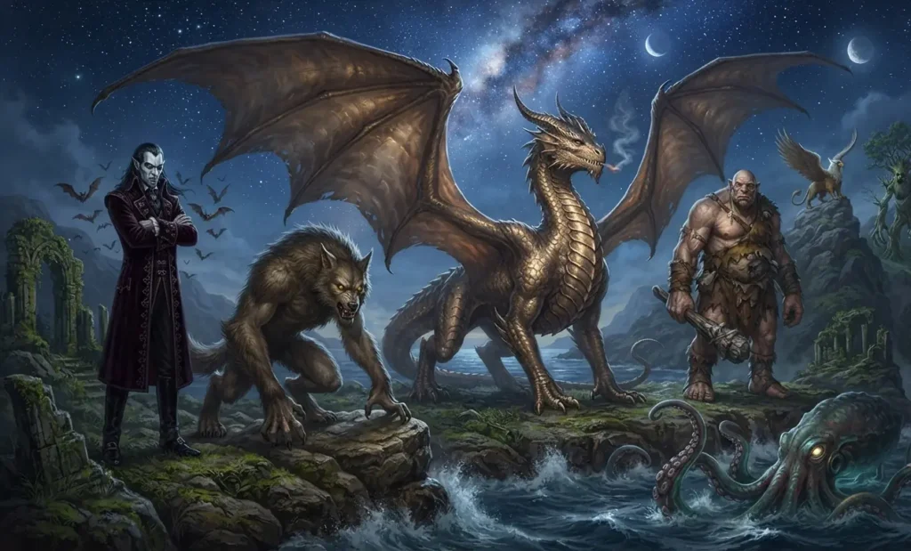 Dragon among other famous mythological beings.