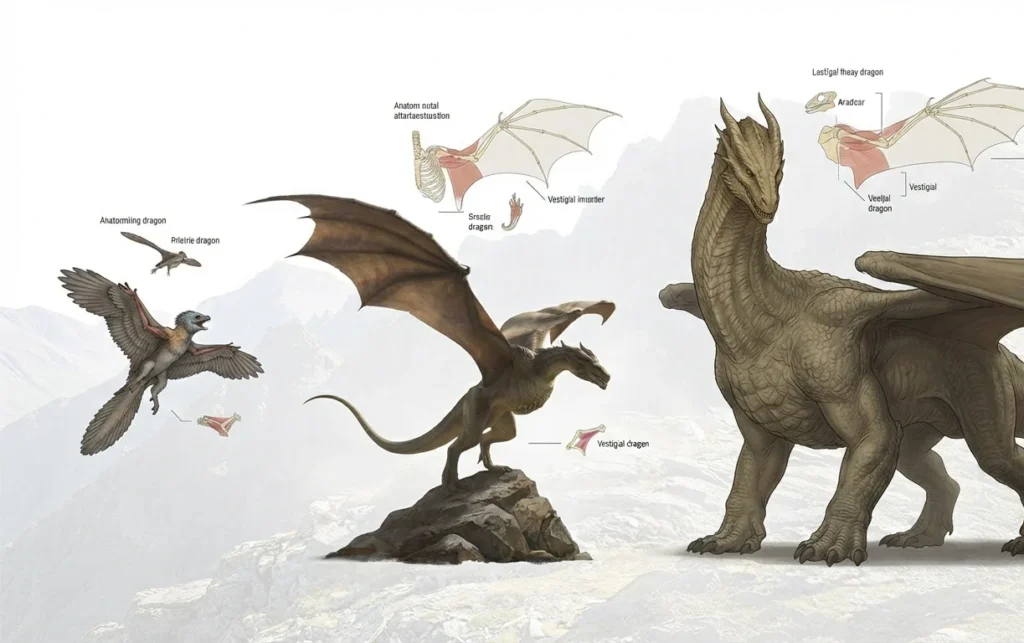Different dragon body plans with different biological constraints.