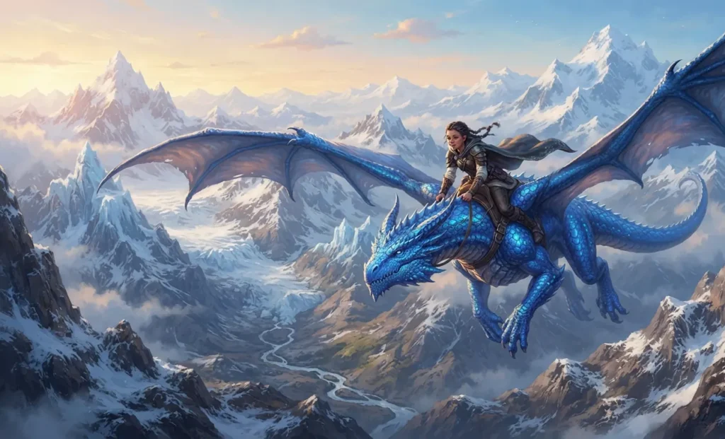 Dragon Rider and blue dragon soaring through the sky.