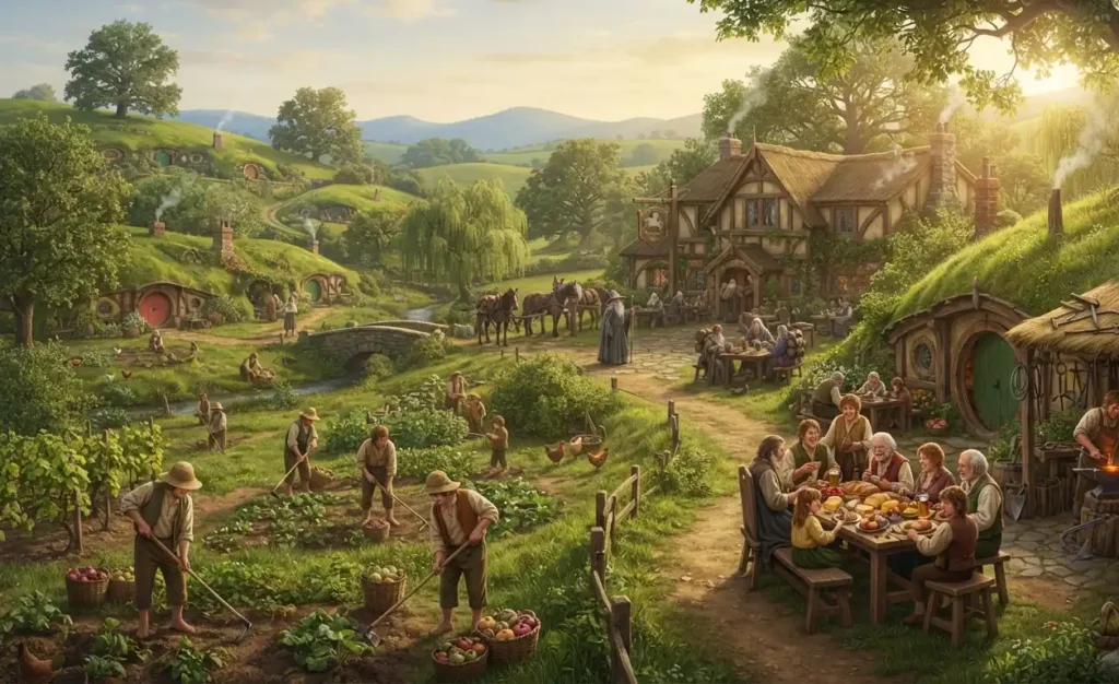 Ordinary daily life in a believable fantasy village.