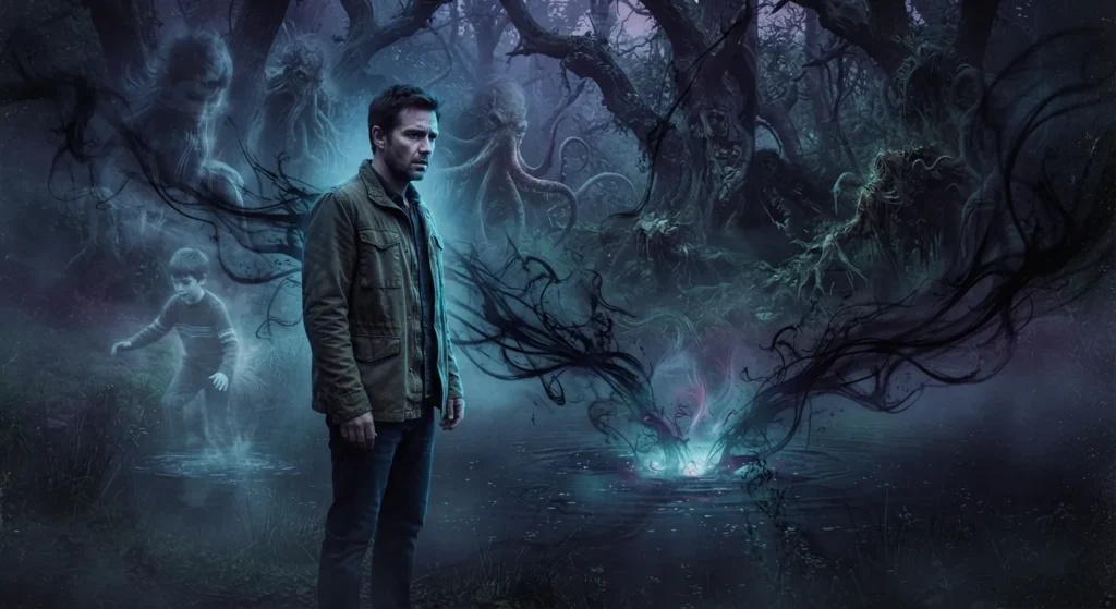 Man revisiting a mysterious childhood landscape.