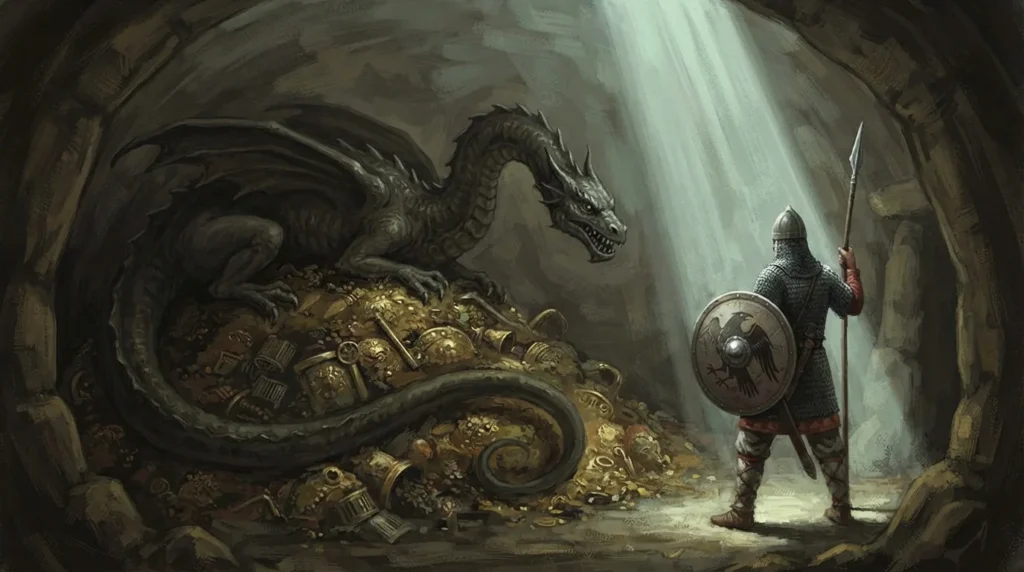 Ancient European dragon guarding treasure.