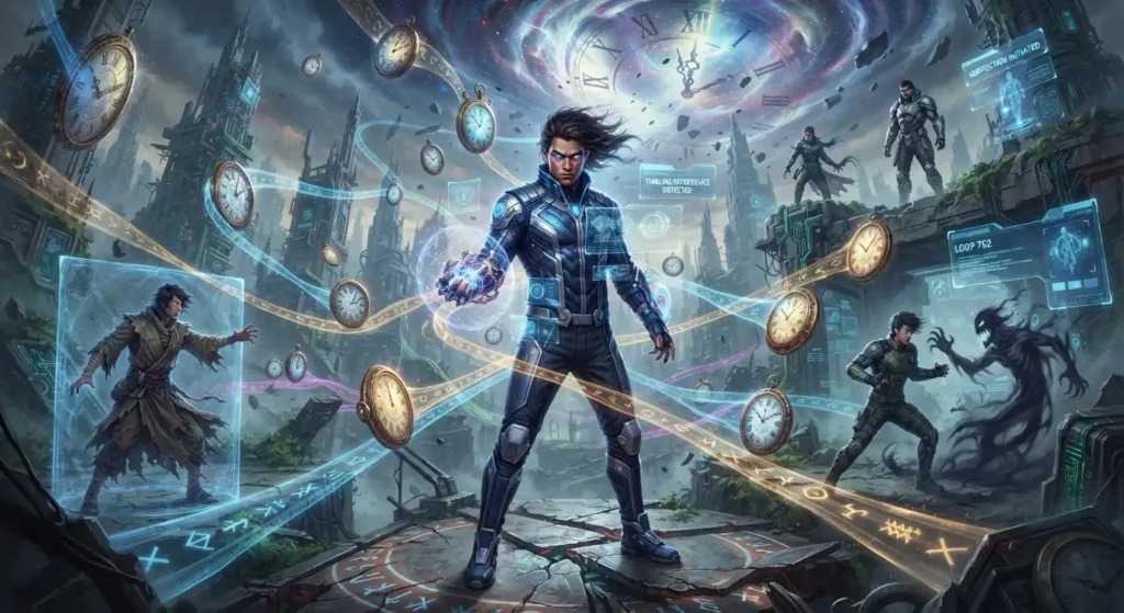 Superpowered protagonist navigating repeating timelines.