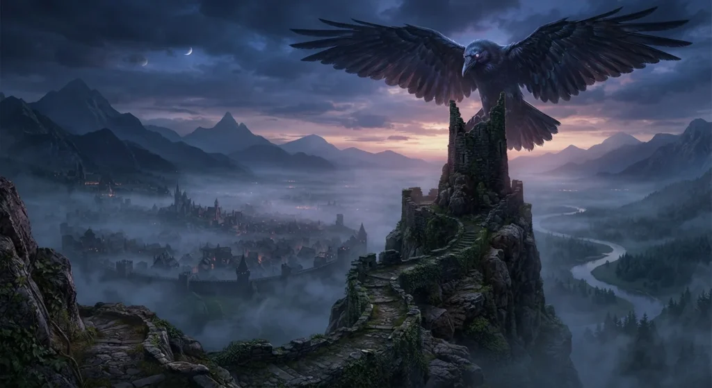 Ancient tower and supernatural raven in a fantasy kingdom.