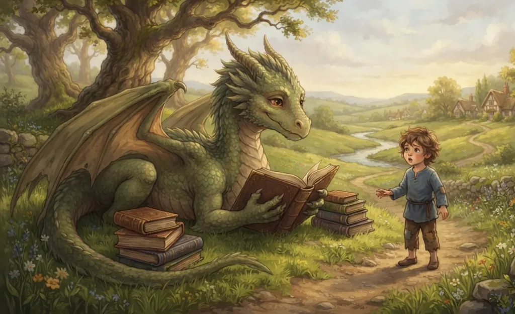 Friendly dragon enjoying books instead of fighting.