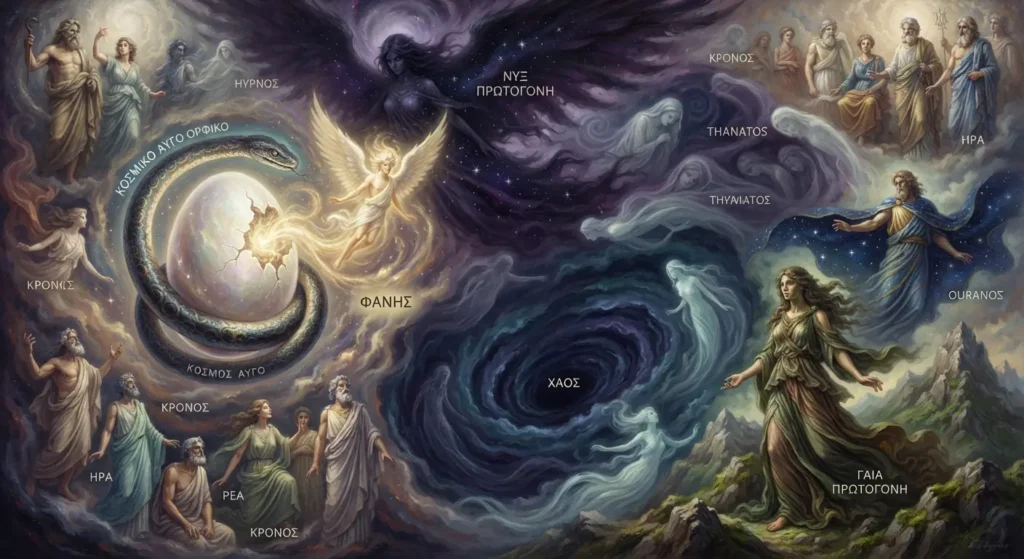 Different Greek creation myths and cosmological traditions.