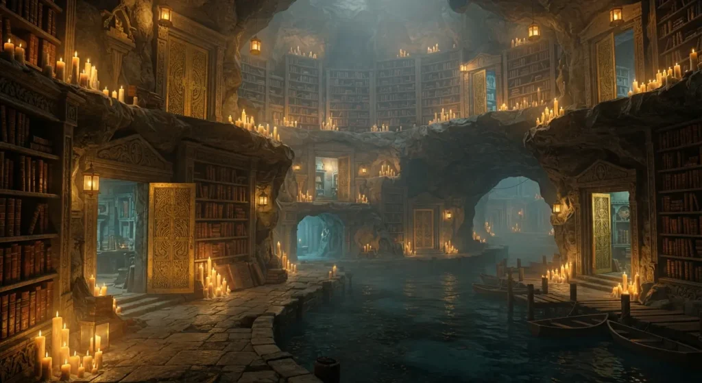 Magical underground library and hidden sea.