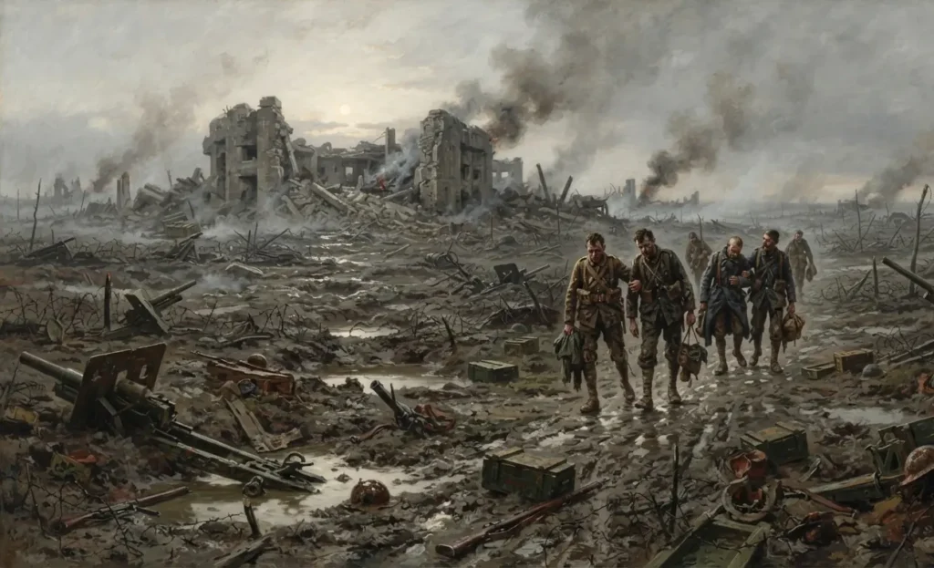 The aftermath of a great fantasy war rather than the battle itself.
