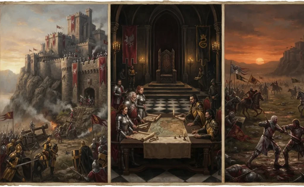 Rival noble houses competing for a fantasy throne.
