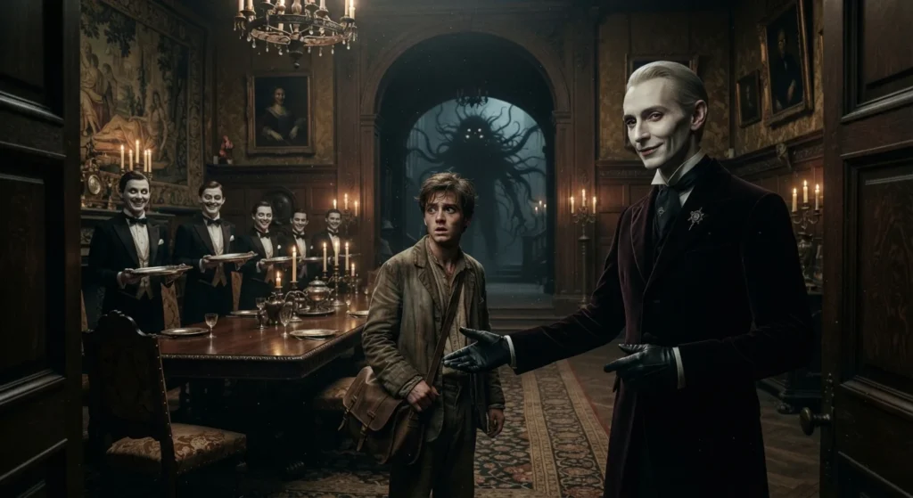 Polite supernatural characters creating dark fantasy dread.
