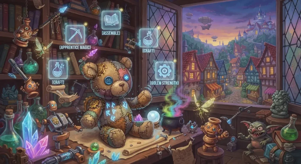 Teddy-bear golem progressing through a magical world.