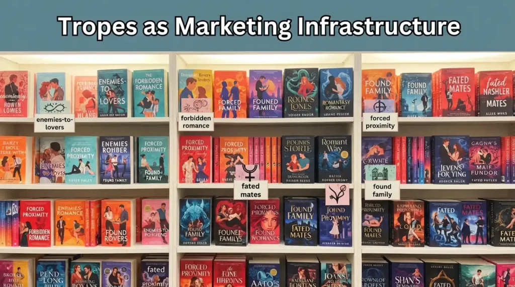 Popular romantasy tropes used in book marketing.