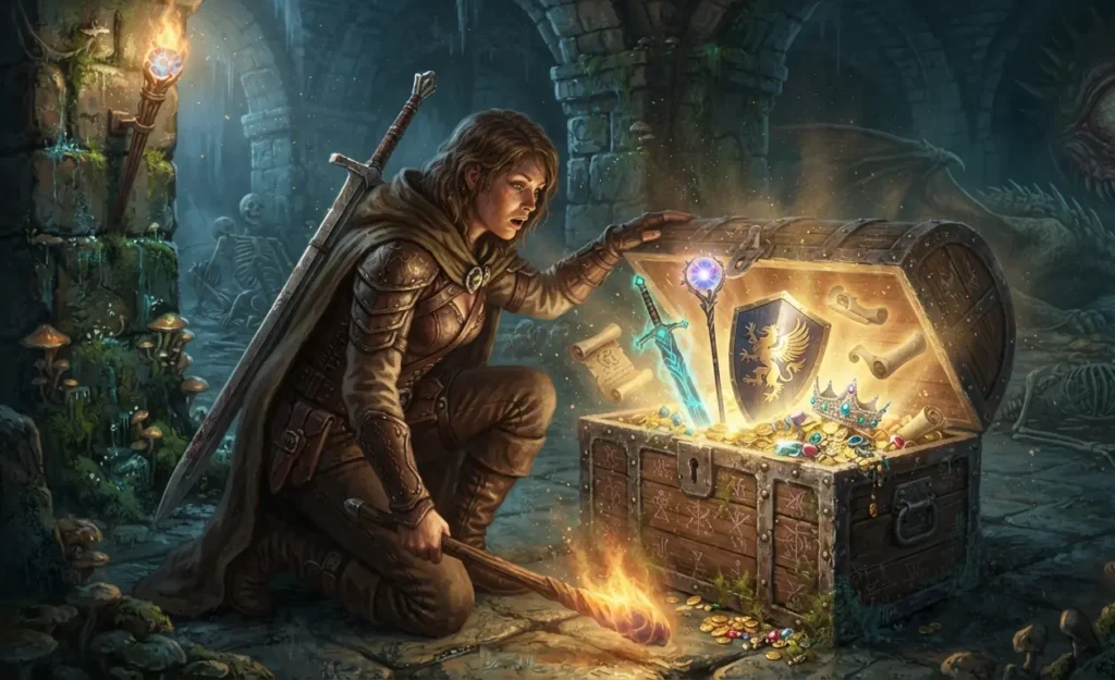 Adventurer discovering rare rewards after a difficult quest.