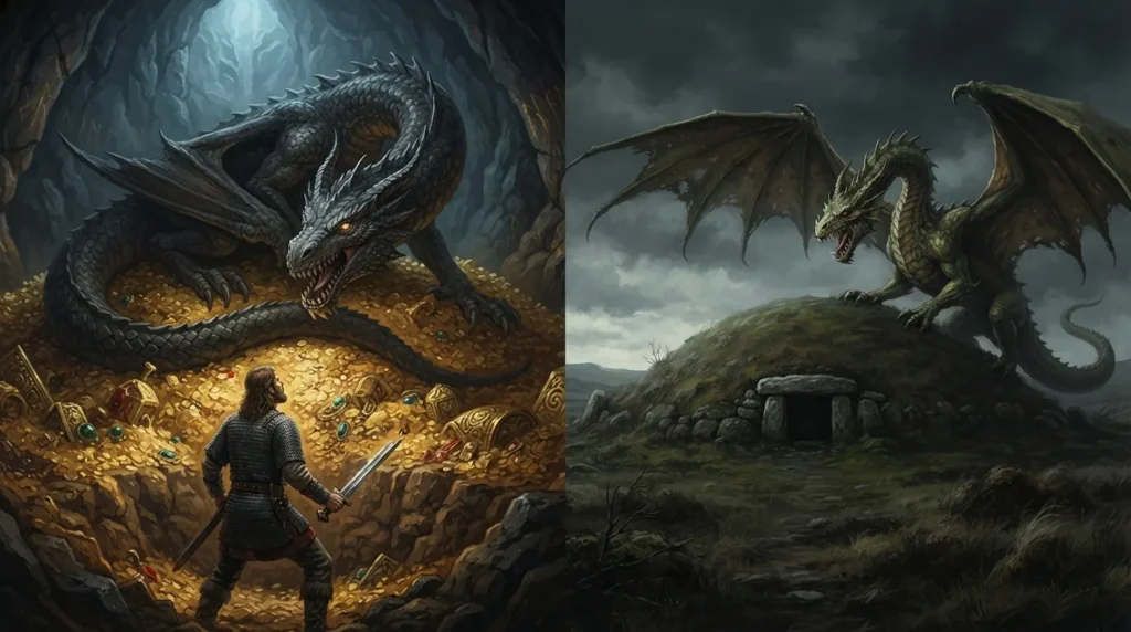 Fafnir and the Beowulf dragon representing different treasure-dragon traditions.